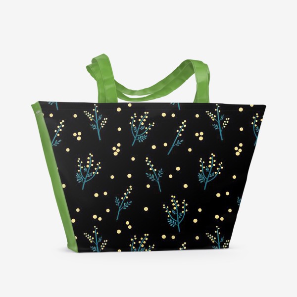 Пляжная сумка «Цветы мимозы на черном фоне Мимоза принт с мимозой»