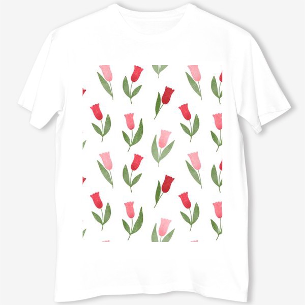 Футболка «Акварельные тюльпаны на белом фоне Принт с розовыми и красными тюльпанами»