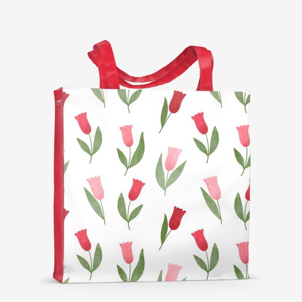 Сумка-шоппер «Акварельные тюльпаны на белом фоне Принт с розовыми и красными тюльпанами»