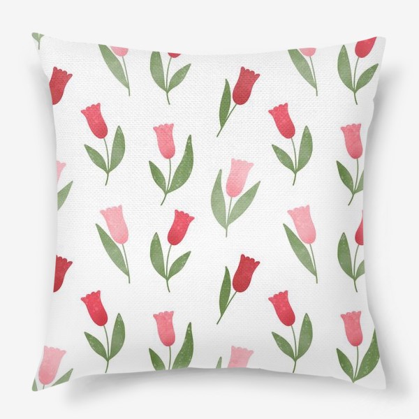 Подушка «Акварельные тюльпаны на белом фоне Принт с розовыми и красными тюльпанами»