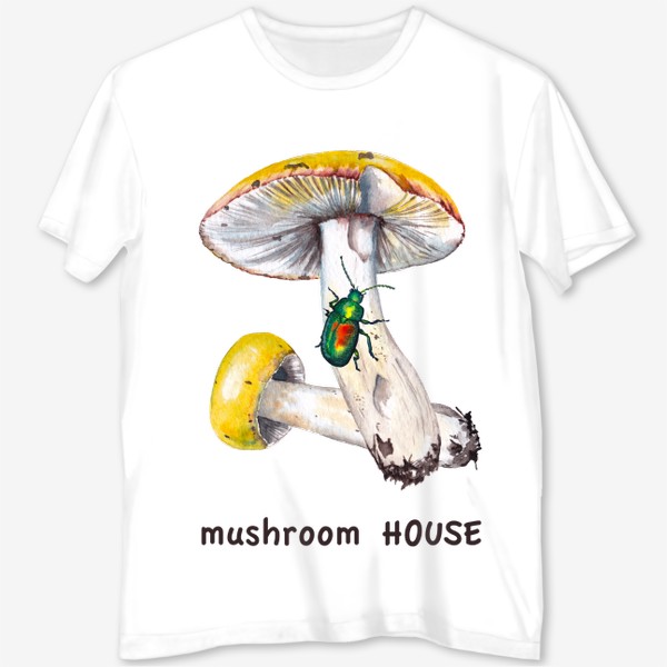 Футболка с полной запечаткой &laquo;Mushroom house Желтые лесные грибы сыроежки и зеленый жук бронзовик Грибнику в подарок &raquo;