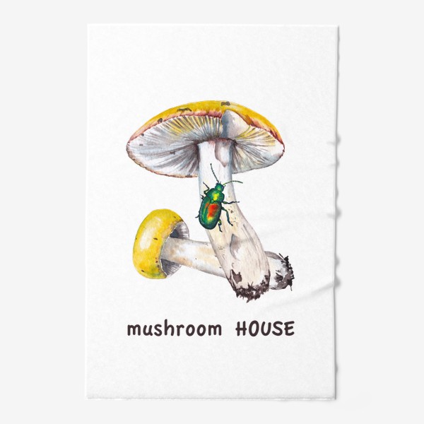 Полотенце &laquo;Mushroom house Желтые лесные грибы сыроежки и зеленый жук бронзовик Грибнику в подарок &raquo;