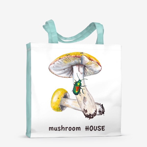 Сумка-шоппер «Mushroom house Желтые лесные грибы сыроежки и зеленый жук бронзовик Грибнику в подарок »