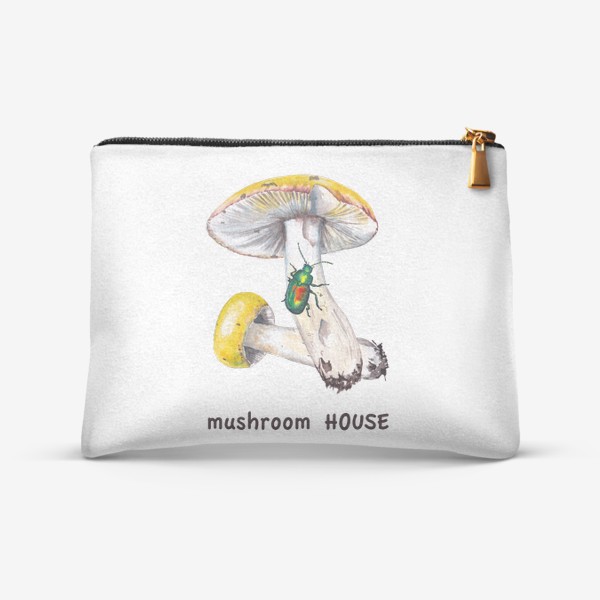 Косметичка «Mushroom house Желтые лесные грибы сыроежки и зеленый жук бронзовик Грибнику в подарок »