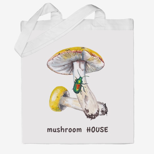 Сумка хб «Mushroom house Желтые лесные грибы сыроежки и зеленый жук бронзовик Грибнику в подарок »