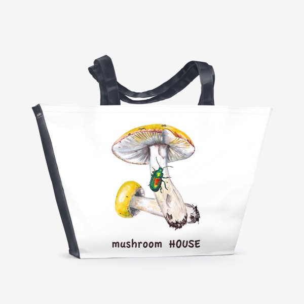 Пляжная сумка «Mushroom house Желтые лесные грибы сыроежки и зеленый жук бронзовик Грибнику в подарок »