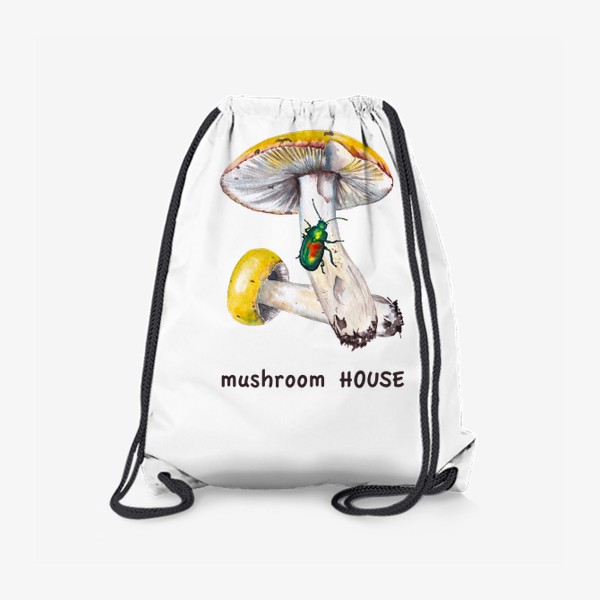 Рюкзак «Mushroom house Желтые лесные грибы сыроежки и зеленый жук бронзовик Грибнику в подарок »