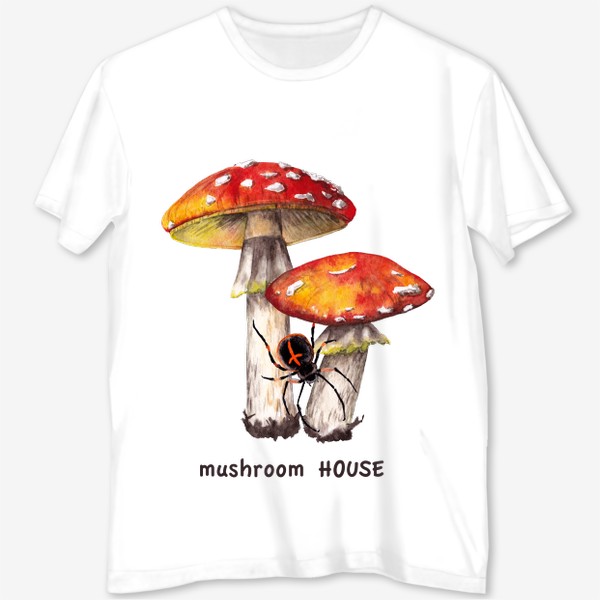 Футболка с полной запечаткой «Mushroom house Лесные грибы красные мухоморы и черный паук крестовик Грибнику в подарок »