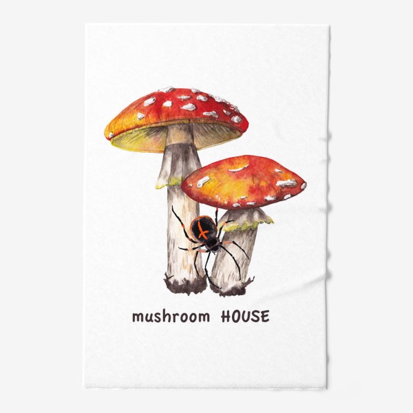 Полотенце «Mushroom house Лесные грибы красные мухоморы и черный паук крестовик Грибнику в подарок »