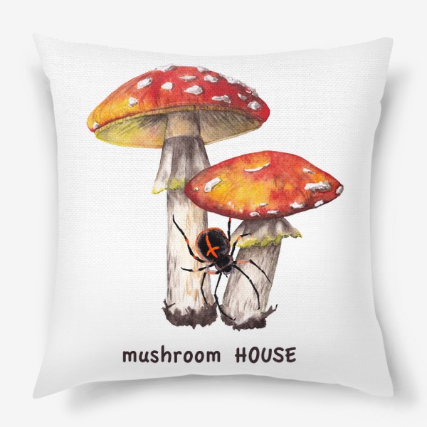 Подушка «Mushroom house Лесные грибы красные мухоморы и черный паук крестовик Грибнику в подарок »