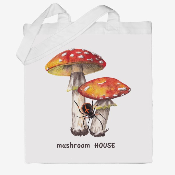 Сумка хб «Mushroom house Лесные грибы красные мухоморы и черный паук крестовик Грибнику в подарок »