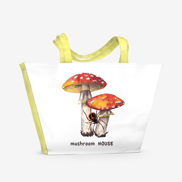Пляжная сумка «Mushroom house Лесные грибы красные мухоморы и черный паук крестовик Грибнику в подарок »