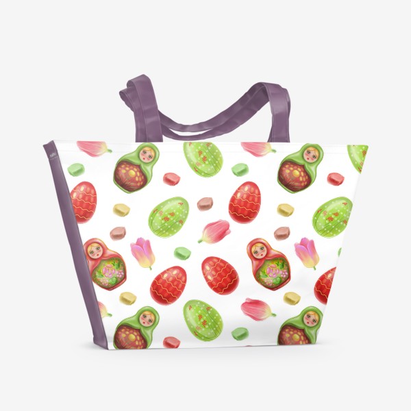 Пляжная сумка «Весенний пасхальный паттерн с матрешками яйцами и цветами»