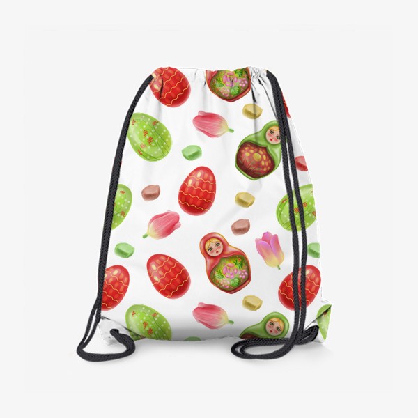 Рюкзак «Весенний пасхальный паттерн с матрешками яйцами и цветами»