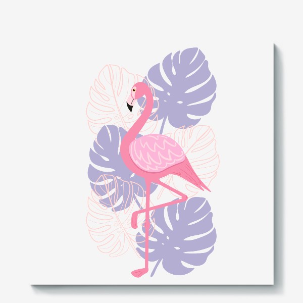 Холст «Розовый фламинго и тропические листья.»