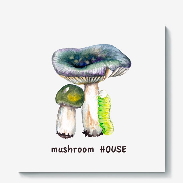 Холст «Mushroom house Желтые лесные грибы сыроежки и зеленая гусеница Грибнику в подарок »