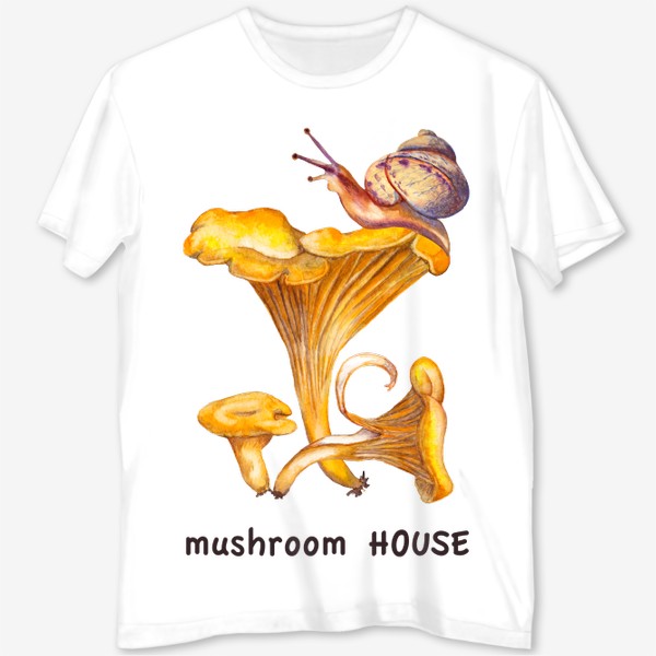 Футболка с полной запечаткой «Mushroom house Лесные грибы лисички и улитка Грибнику в подарок »