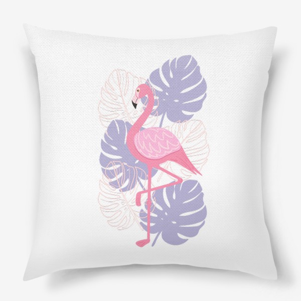 Подушка «Розовый фламинго и тропические листья.»