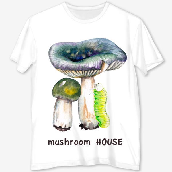 Футболка с полной запечаткой «Mushroom house Желтые лесные грибы сыроежки и зеленая гусеница Грибнику в подарок »
