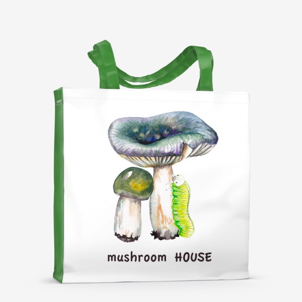 Сумка-шоппер «Mushroom house Желтые лесные грибы сыроежки и зеленая гусеница Грибнику в подарок »
