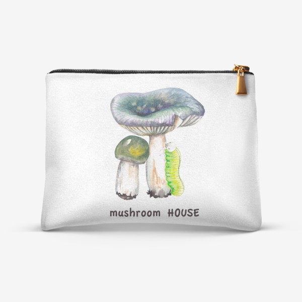 Косметичка «Mushroom house Желтые лесные грибы сыроежки и зеленая гусеница Грибнику в подарок »