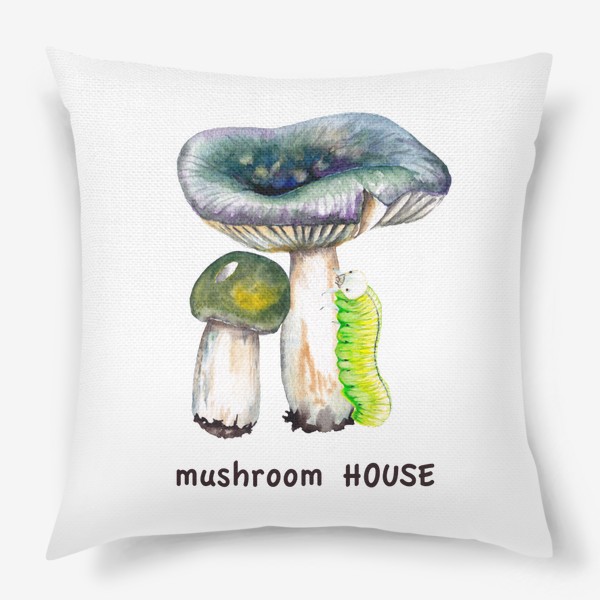 Подушка «Mushroom house Желтые лесные грибы сыроежки и зеленая гусеница Грибнику в подарок »