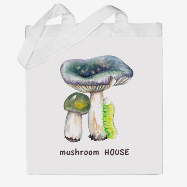 Сумка хб «Mushroom house Желтые лесные грибы сыроежки и зеленая гусеница Грибнику в подарок »