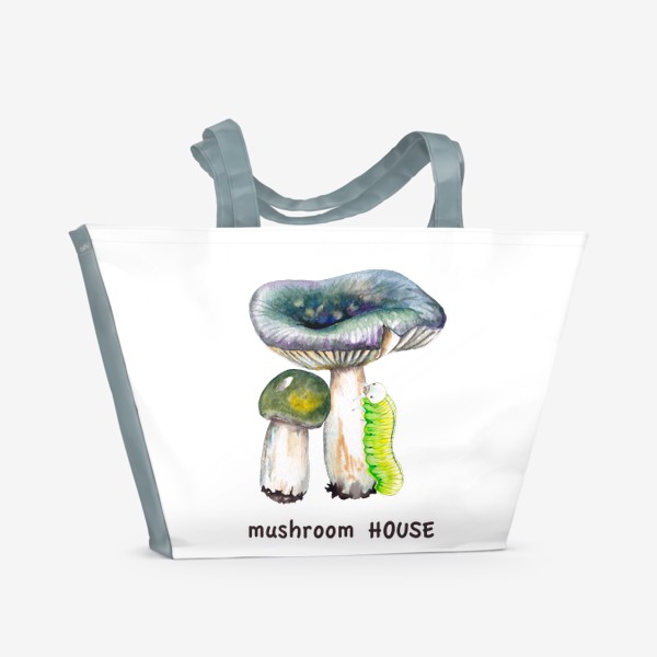 Пляжная сумка «Mushroom house Желтые лесные грибы сыроежки и зеленая гусеница Грибнику в подарок »