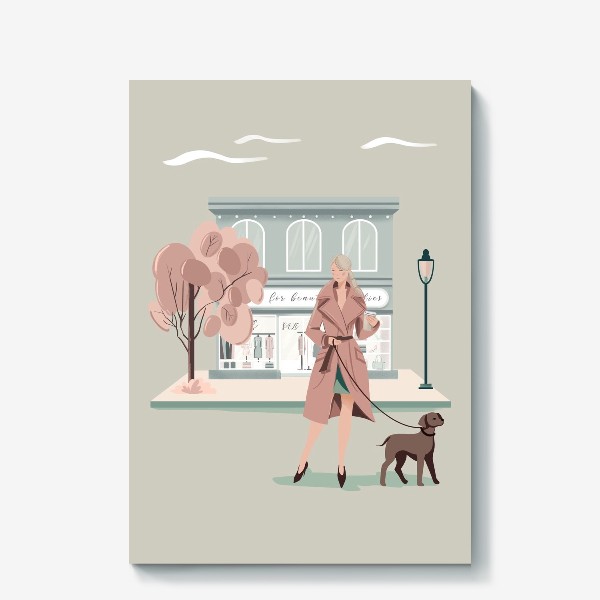 Холст «Девушка в городе с собакой, мятный и розовый»