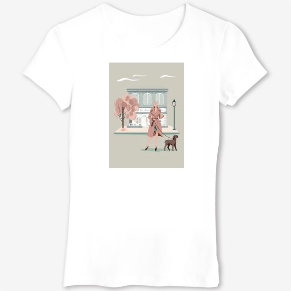 Футболка «Девушка в городе с собакой, мятный и розовый»