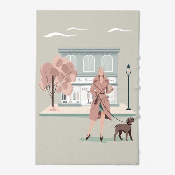 Полотенце «Девушка в городе с собакой, мятный и розовый»