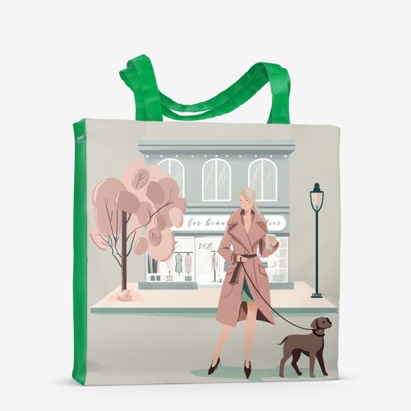 Сумка-шоппер «Девушка в городе с собакой, мятный и розовый»