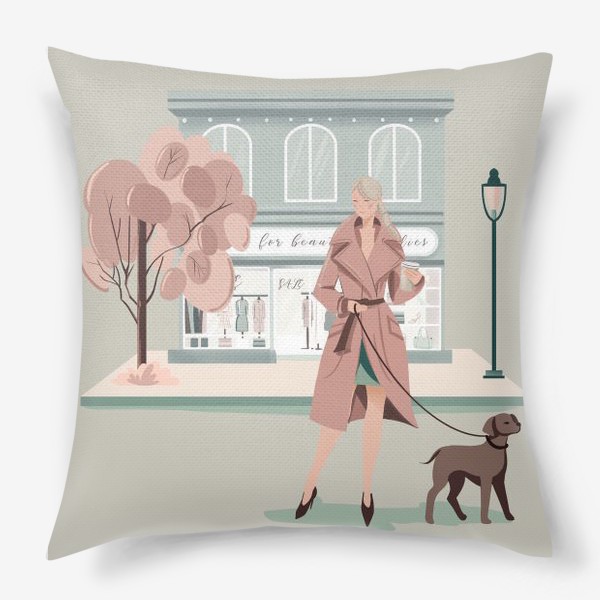 Подушка «Девушка в городе с собакой, мятный и розовый»