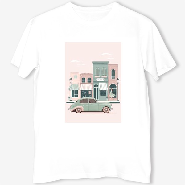 Футболка «Винтажный автомобиль в городе, мятный и розовый цвет»