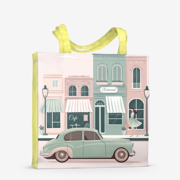 Сумка-шоппер «Винтажный автомобиль в городе, мятный и розовый цвет»