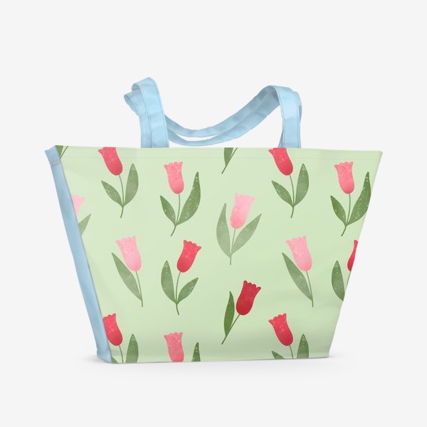 Пляжная сумка «Тюльпаны на зеленом фоне Принт с акварельными тюльпанами»