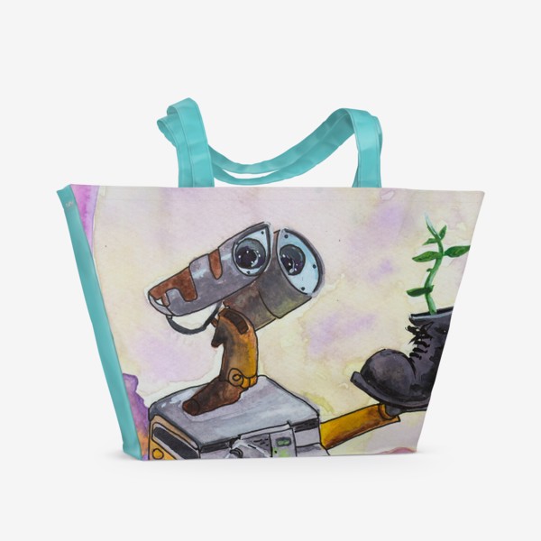 Пляжная сумка «Валл-И с ботинком и растением. Акварель, роботы»