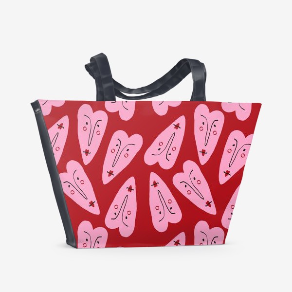Пляжная сумка «Забавные сердечки на красном фоне »