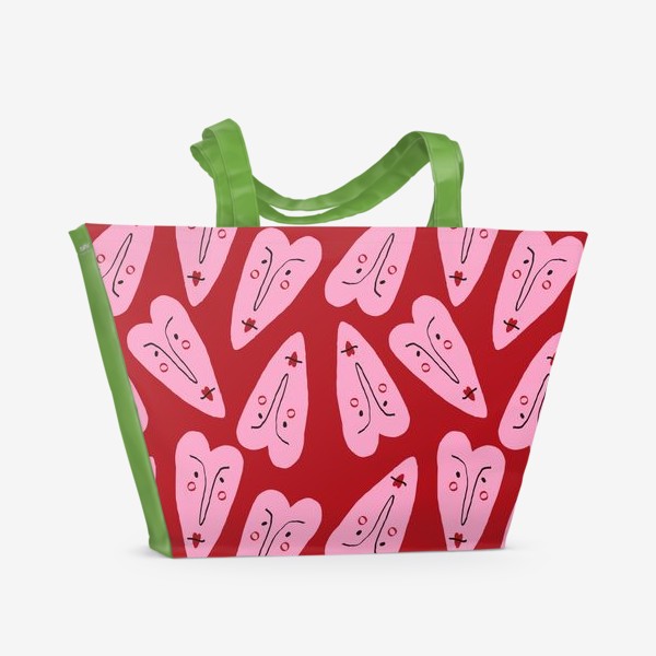 Пляжная сумка «Розовые любовные сердечки на красном фоне »