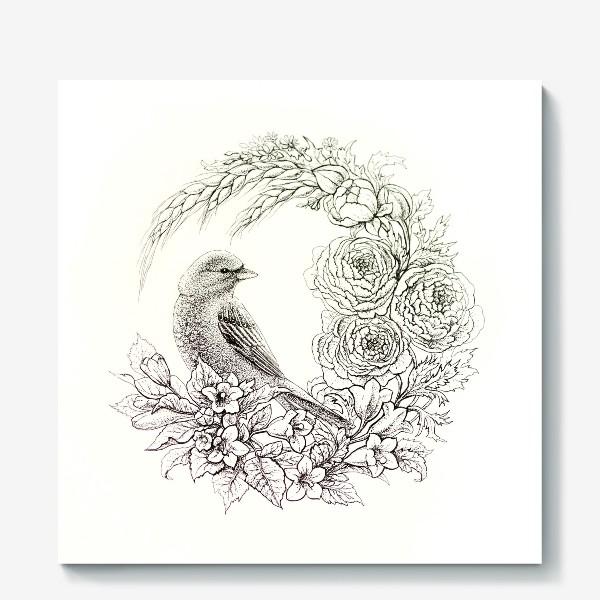 Холст &laquo;Графика. Птица и цветы&raquo;