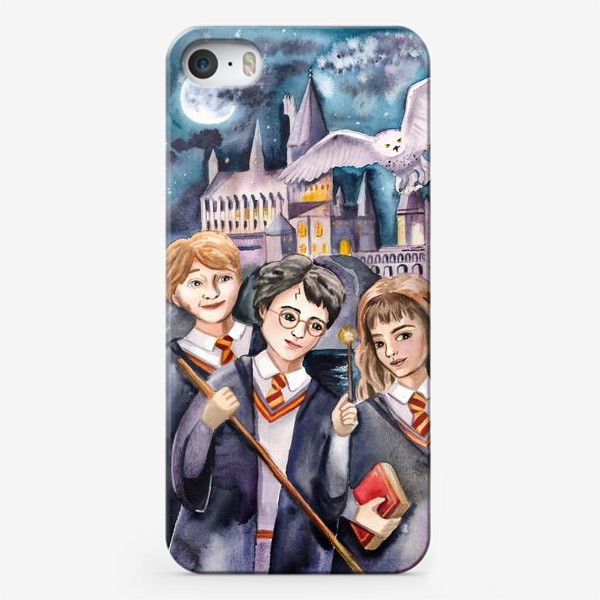 Чехол iPhone «Гарри Поттер, Рон и Гермиона на фоне Хогвардса»