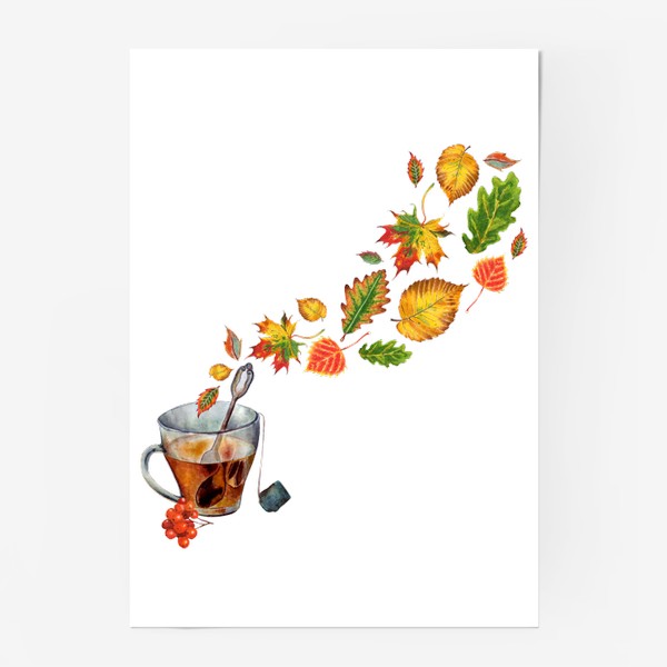Постер «Чашка чая с паром из листьев акварель»