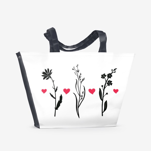 Пляжная сумка «Цветочки, сердечки. Черный, красный.»