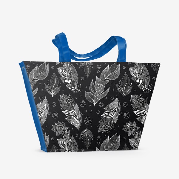 Пляжная сумка «Перья зентангл на черном»
