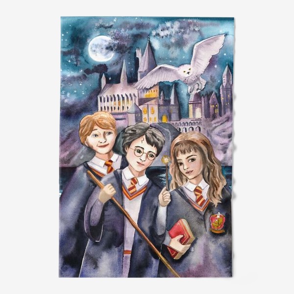 Полотенце «Гарри Поттер, Рон и Гермиона на фоне Хогвардса»