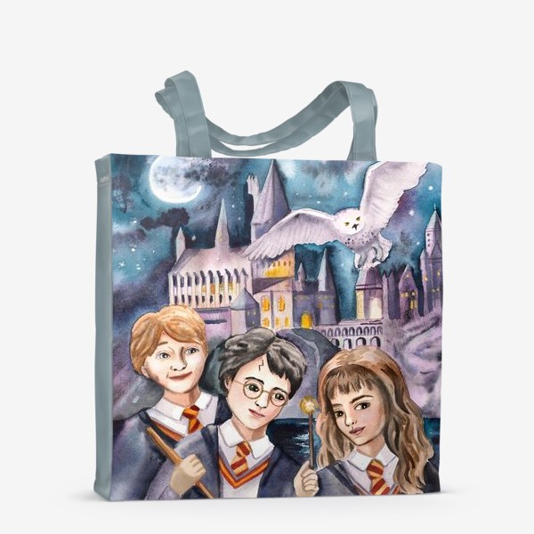Сумка-шоппер «Гарри Поттер, Рон и Гермиона на фоне Хогвардса»