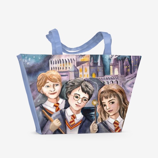 Пляжная сумка «Гарри Поттер, Рон и Гермиона на фоне Хогвардса»