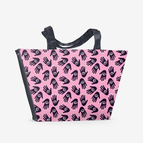 Пляжная сумка «Магические руки с сглазами  на розовом фоне »