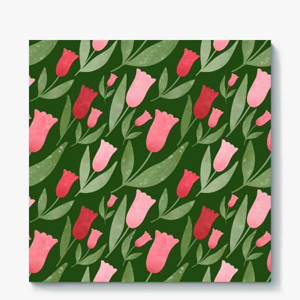 Холст «Тюльпаны на тёмном фоне Принт с акварельными тюльпанами на зеленом фоне»