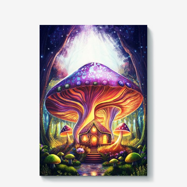 Холст «Домик колдуньи под грибом, волшебный лес с домом болотной волшебницы»